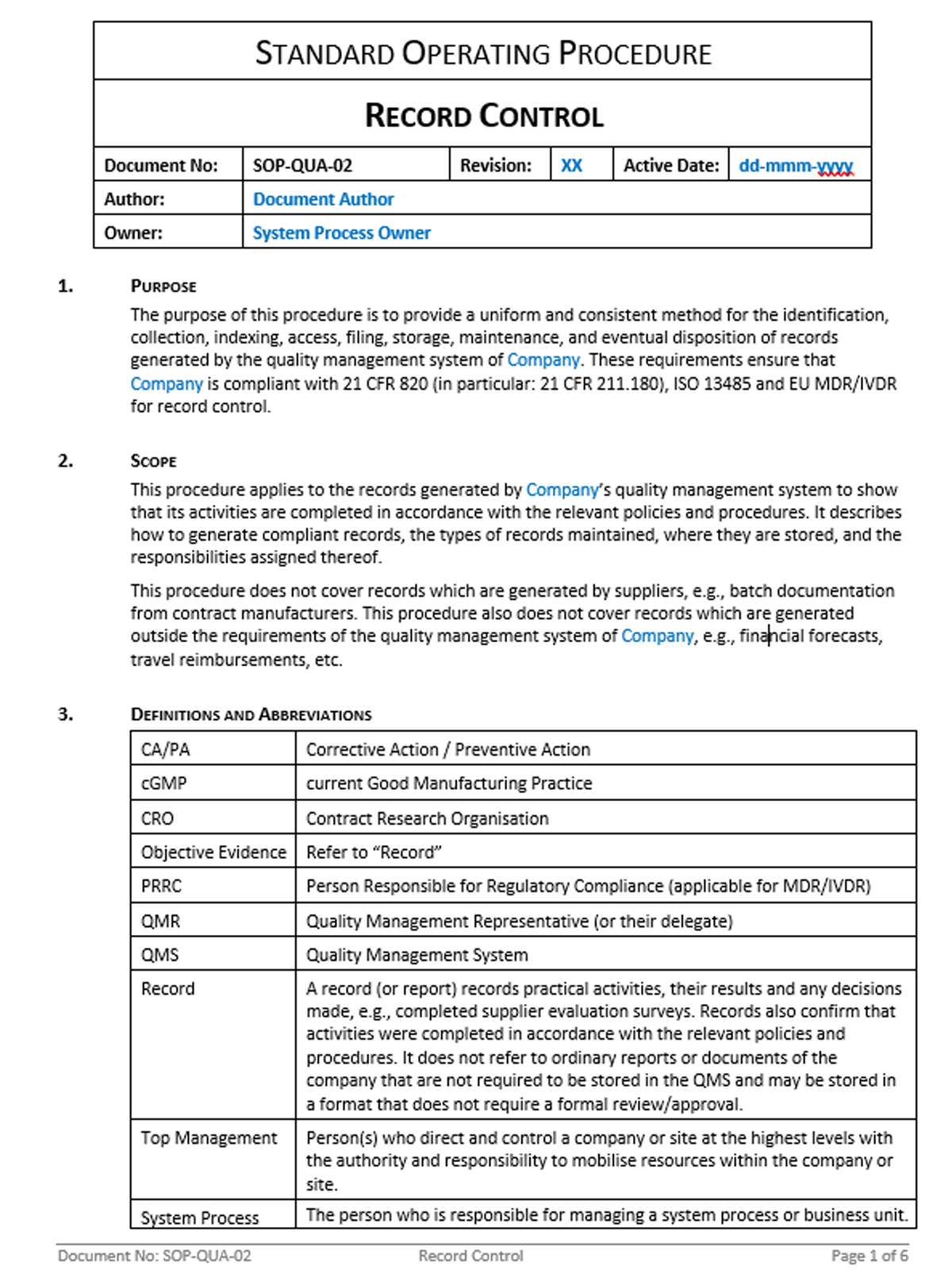 Quality - SOP - Record Control - 0