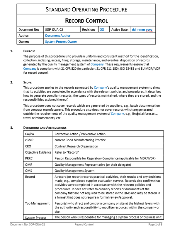 Quality - SOP - Record Control