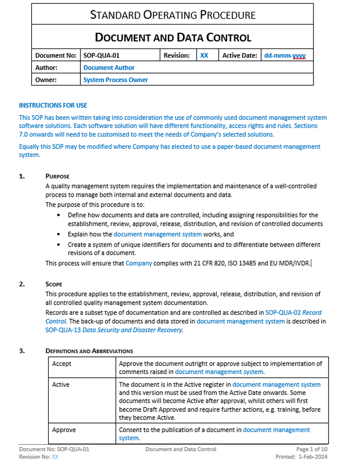 Quality - SOP - Document and Data Control - 0