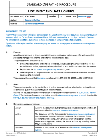Quality - SOP - Document and Data Control - 0