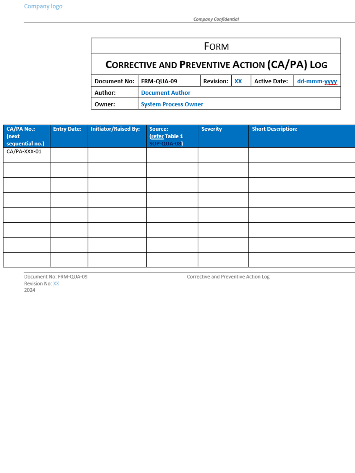 Quality - Form - Corrective and Preventive Action Log - 0