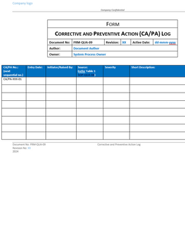 Quality - Form - Corrective and Preventive Action Log - 0