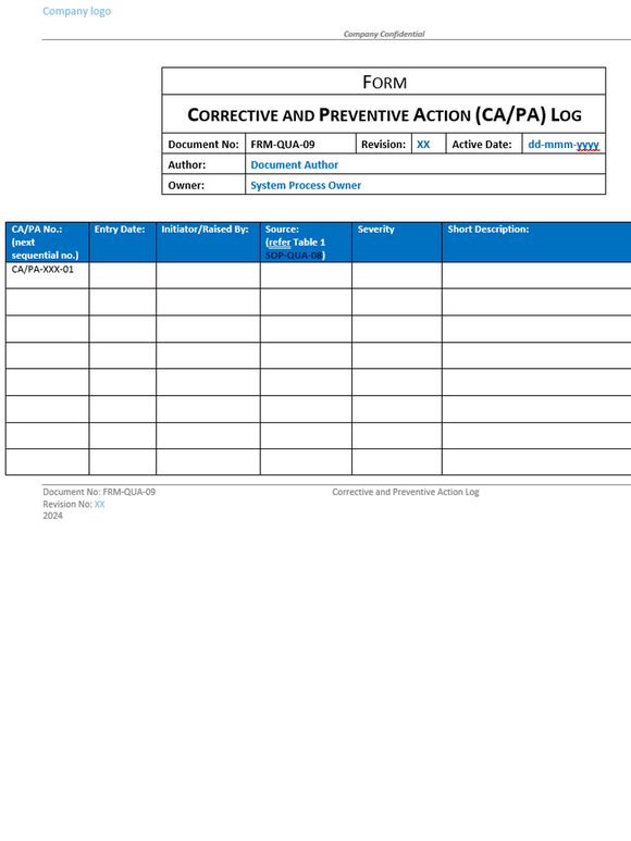 Quality - Form - Corrective and Preventive Action Log