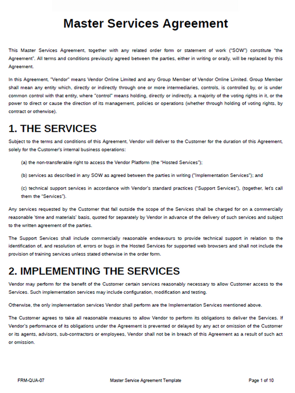 Quality - Form - Master Services Agreement Template