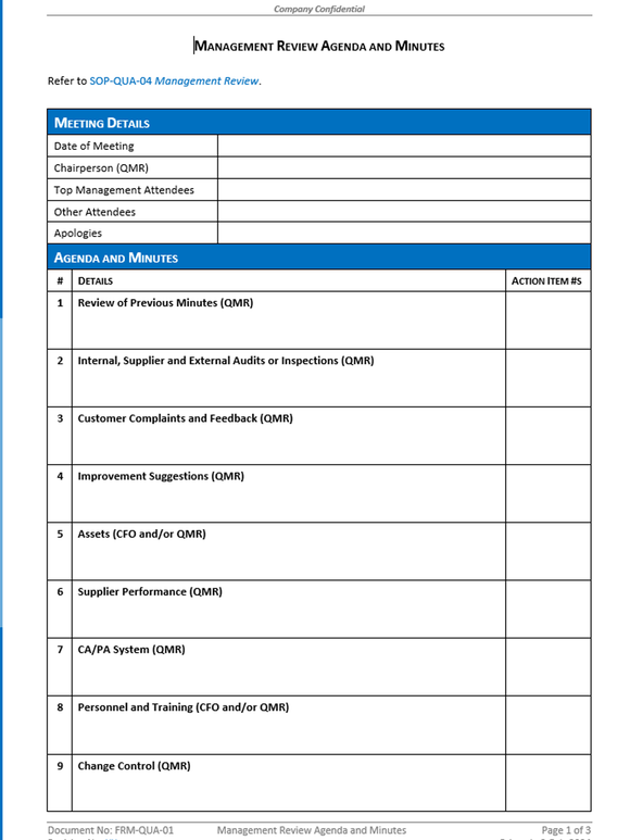 Quality - Form - Management Review Agenda and Minutes