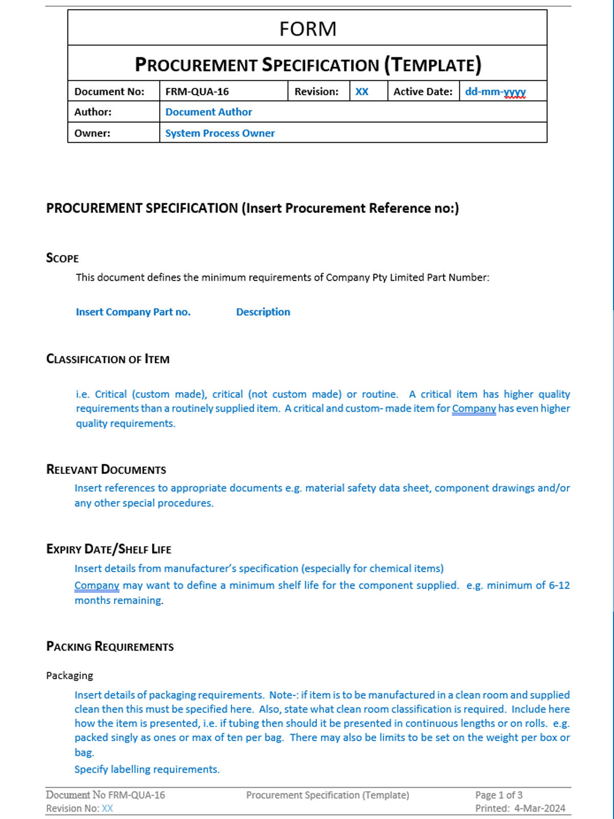 Quality - Form - Procurement Specification - 0