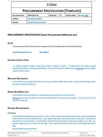 Quality - Form - Procurement Specification - 0