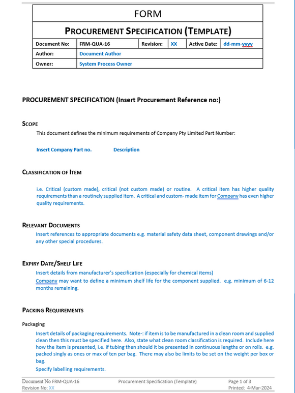Quality - Form - Procurement Specification
