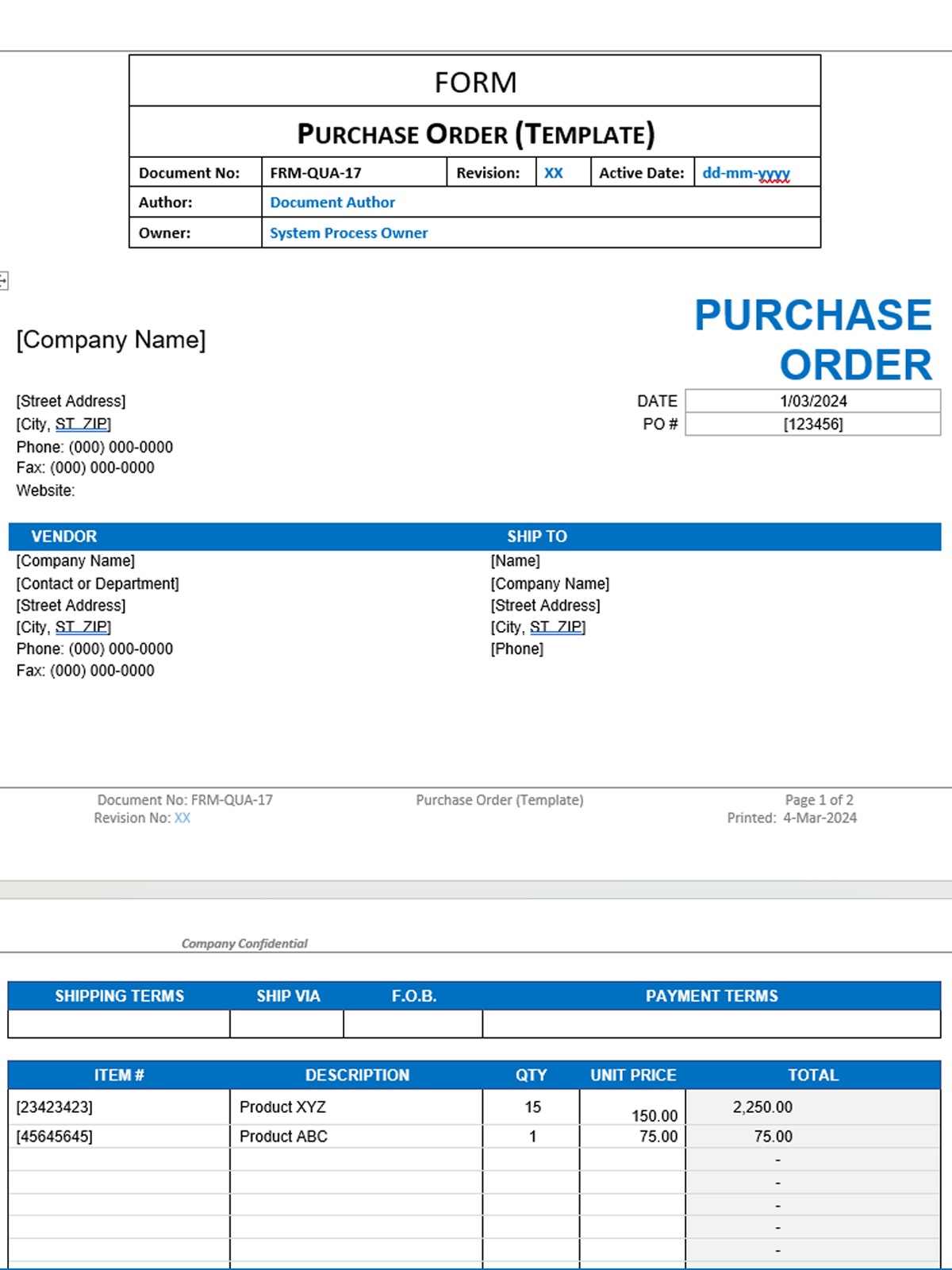 Quality - Form - Purchase Order (Template) - 0