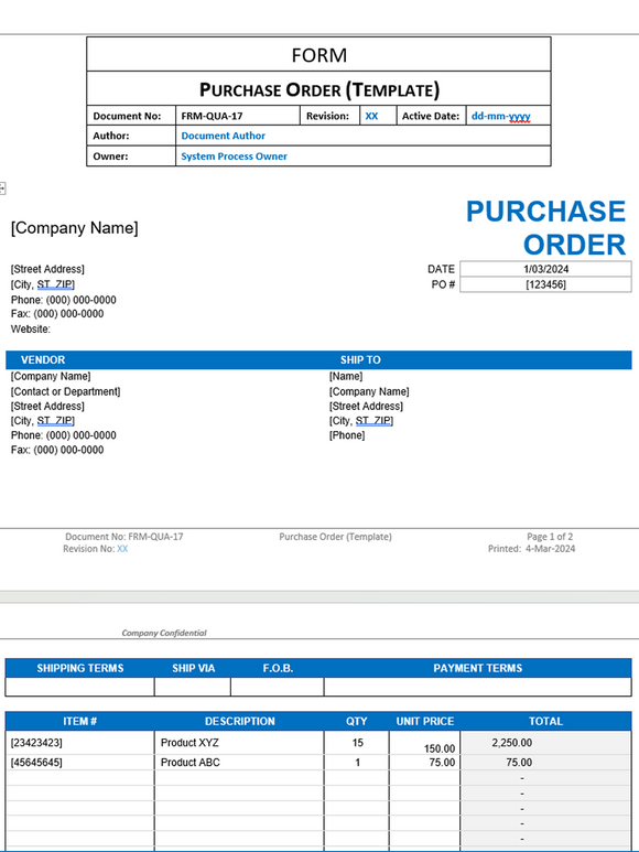 Quality - Form - Purchase Order (Template)