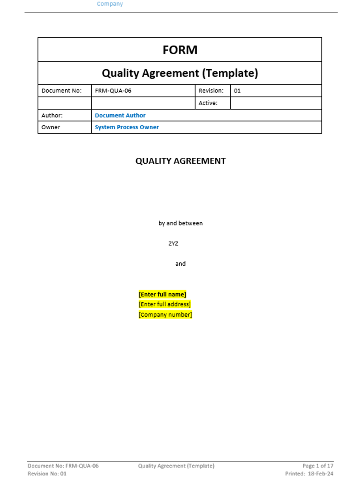 Quality - Form - Quality Agreement (Template) | DevDx