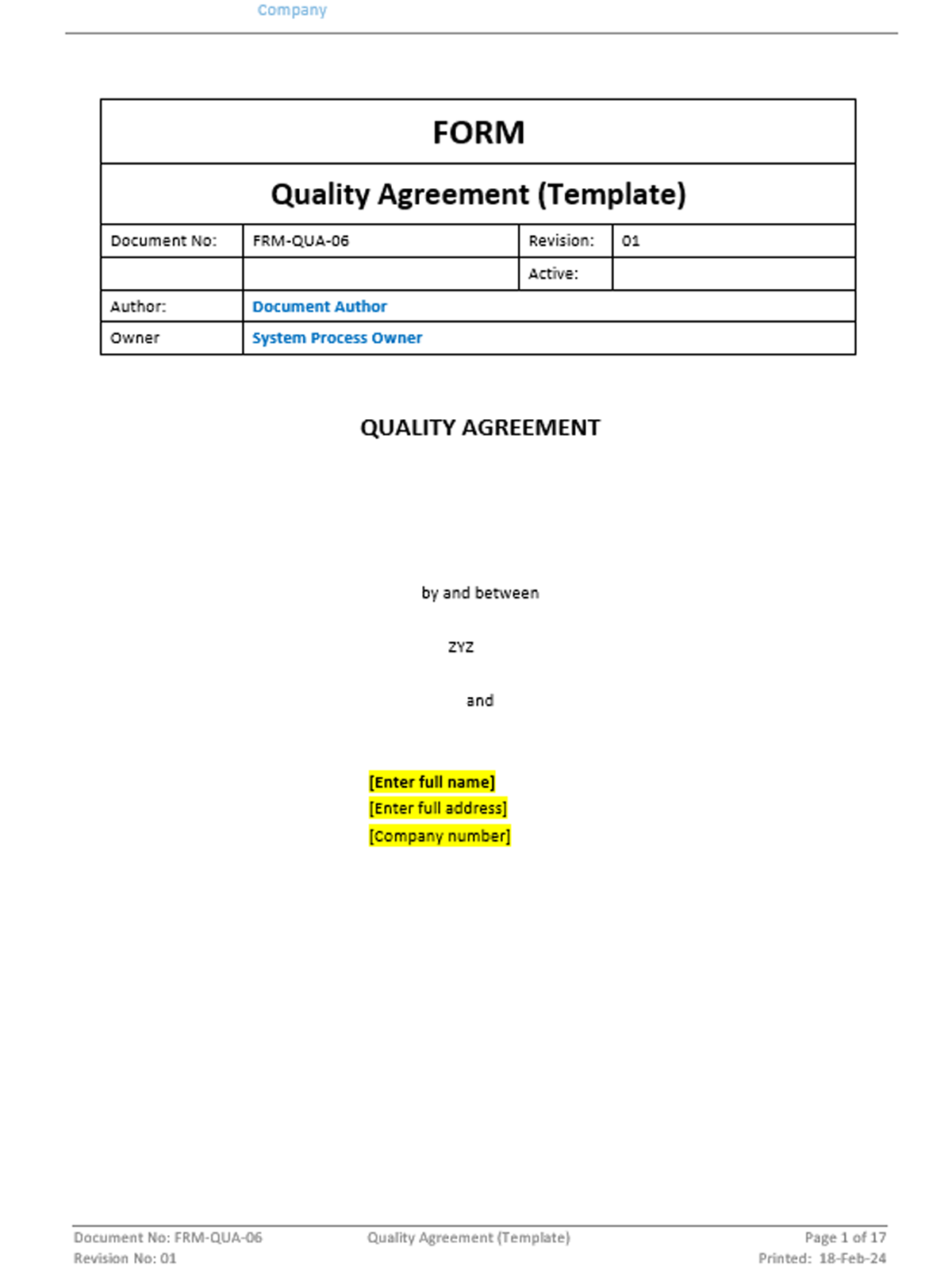 Quality - Form - Quality Agreement (Template) - 0