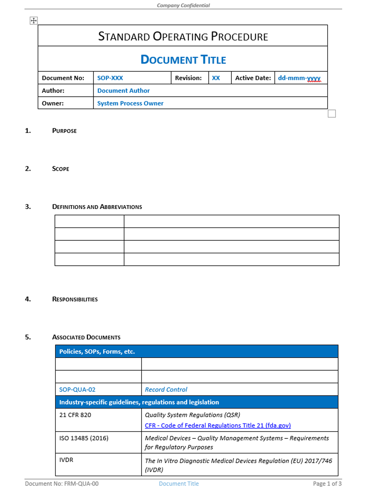 Quality - Form - Standard Operating Procedure Template - 0