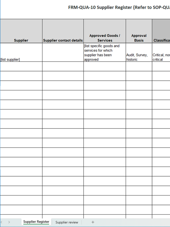 Quality - Form - Supplier Register