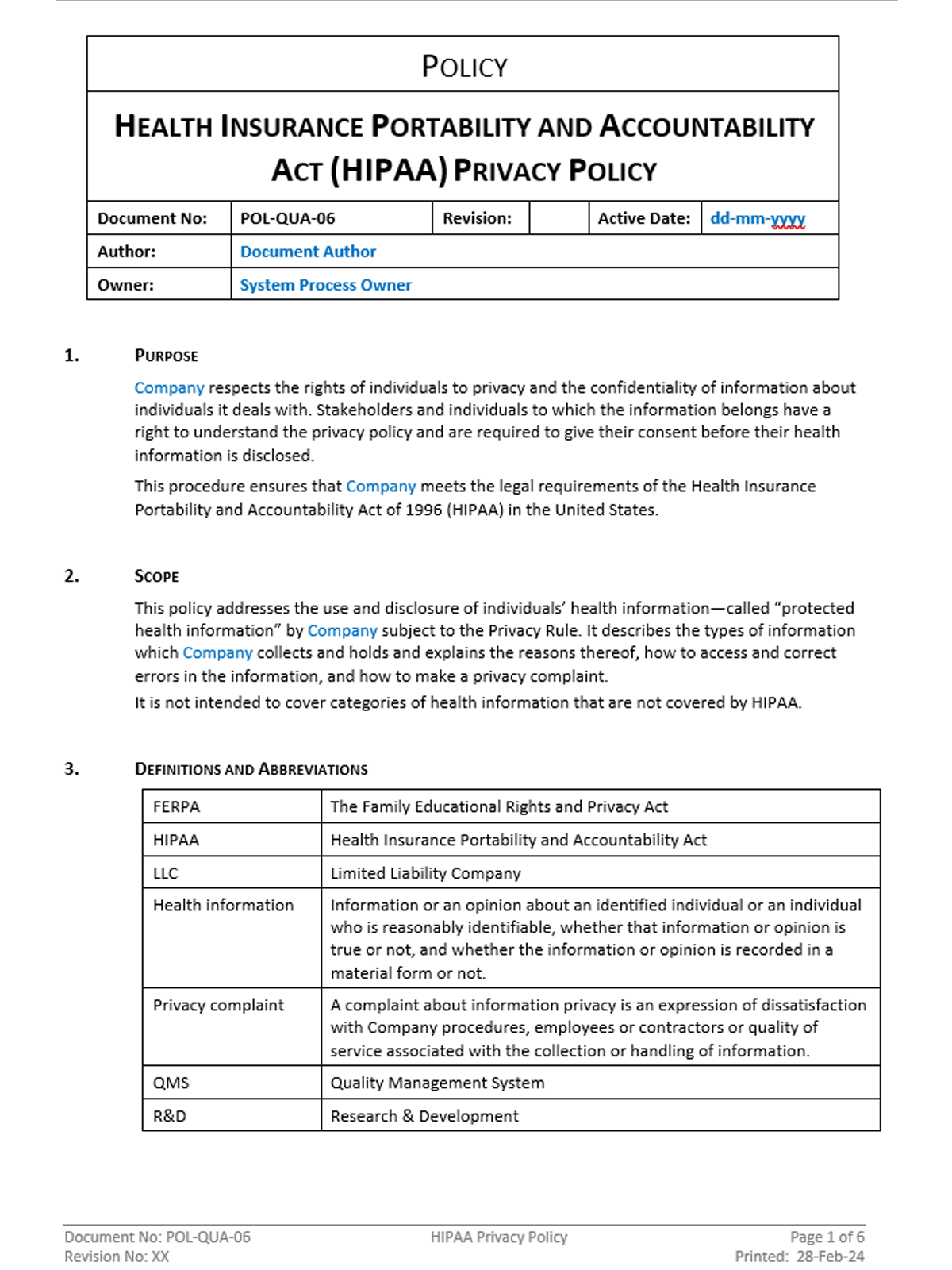 Quality - Policy - HIPAA Privacy Policy - 0