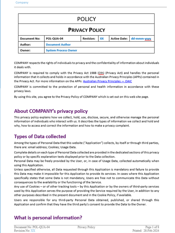 Quality - Policy - Privacy Policy