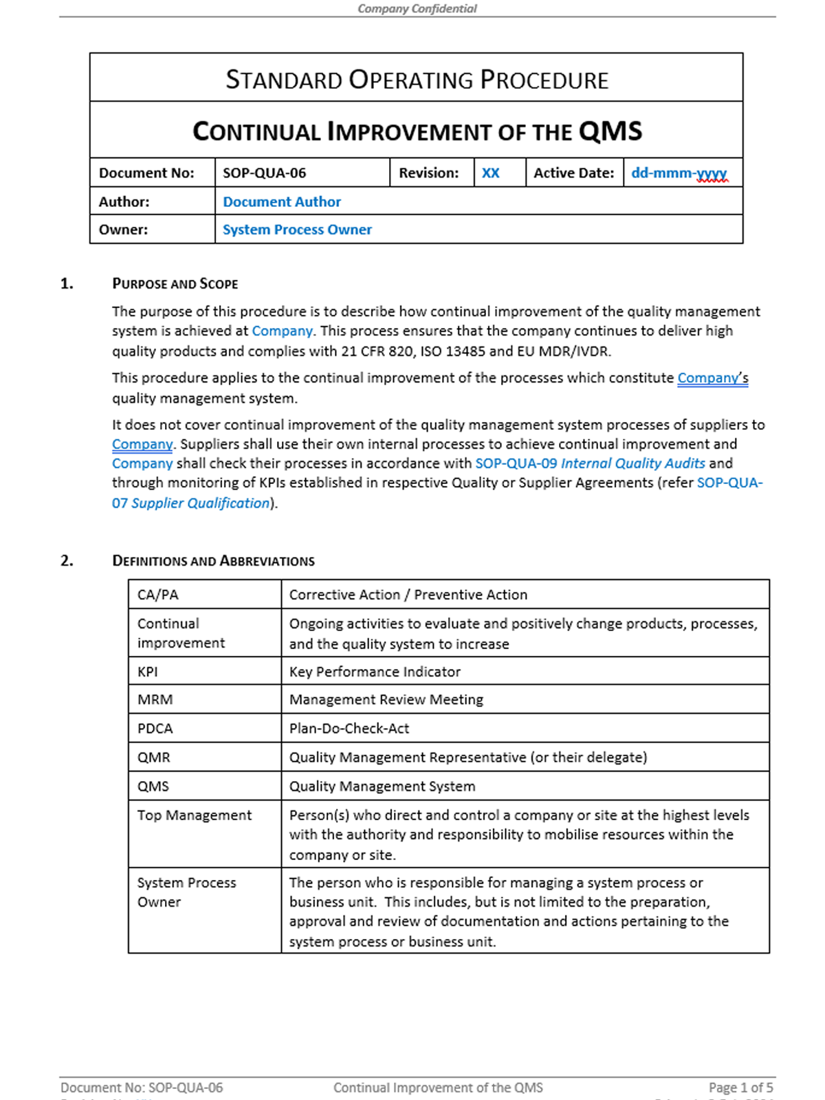 Quality - SOP - Continual Improvement of the QMS - 0