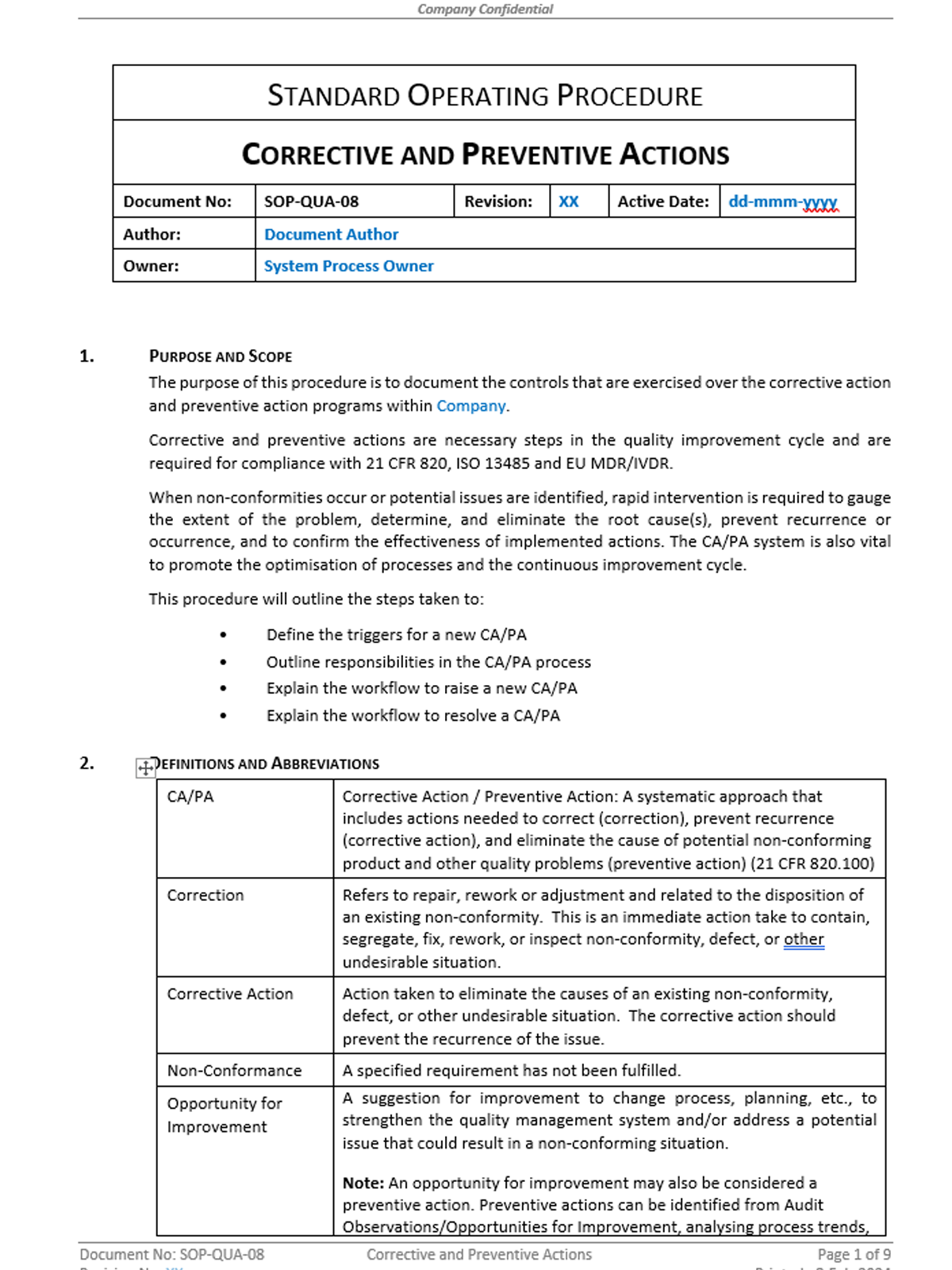 Quality - SOP - Corrective and Preventive Actions - 0