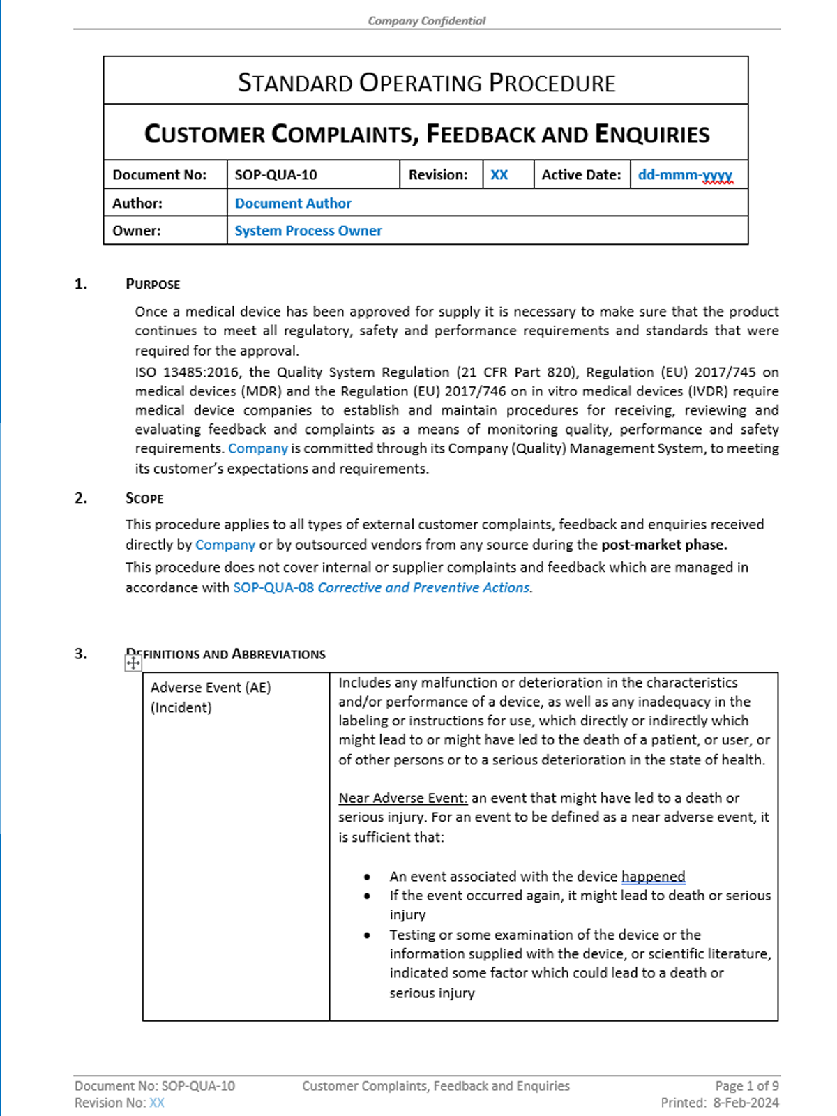 Quality - SOP - Customer Complaints, Feedback and Enquiries - 0