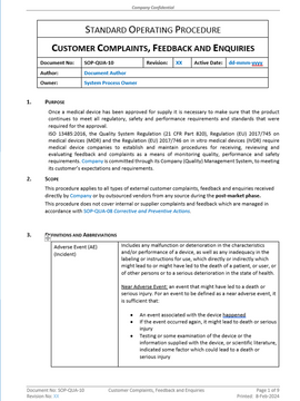 Quality - SOP - Customer Complaints, Feedback and Enquiries - 0