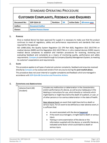 Quality - SOP - Customer Complaints, Feedback and Enquiries - 0