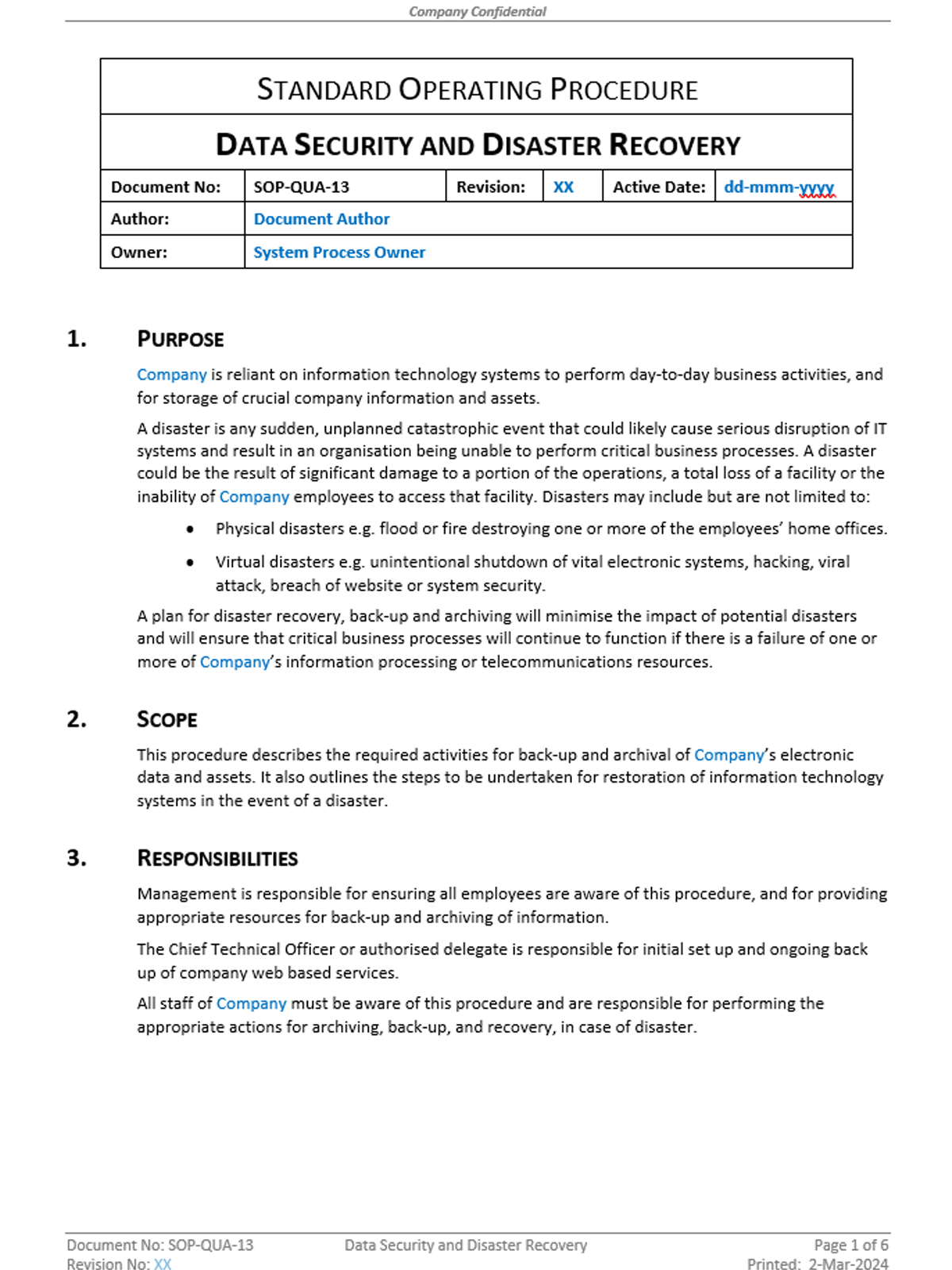 Quality - SOP - Data Security and Disaster Recovery - 0