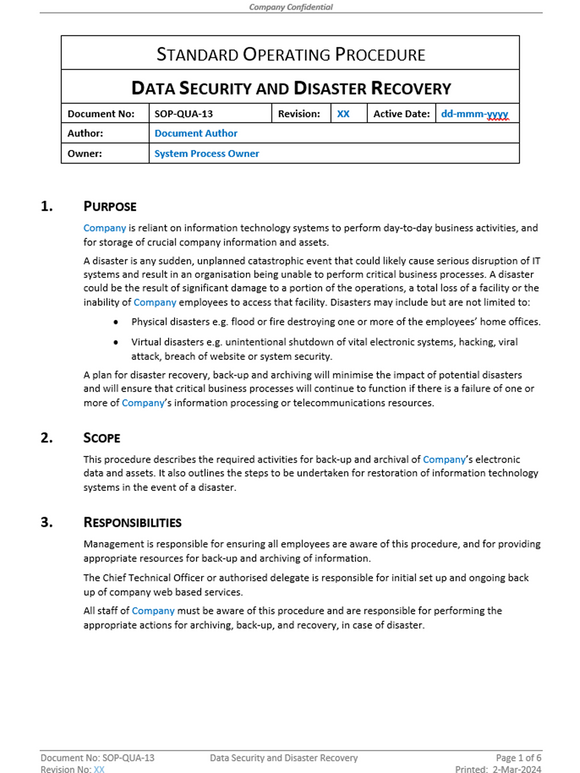 Quality - SOP - Data Security and Disaster Recovery