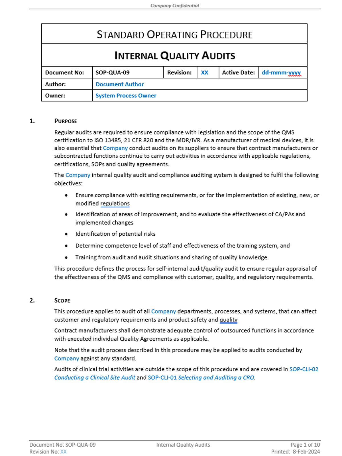 Quality - SOP - Internal Quality Audits - 0