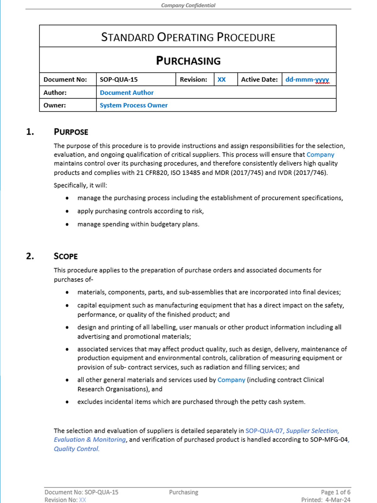 Quality - SOP - Purchasing | DevDx
