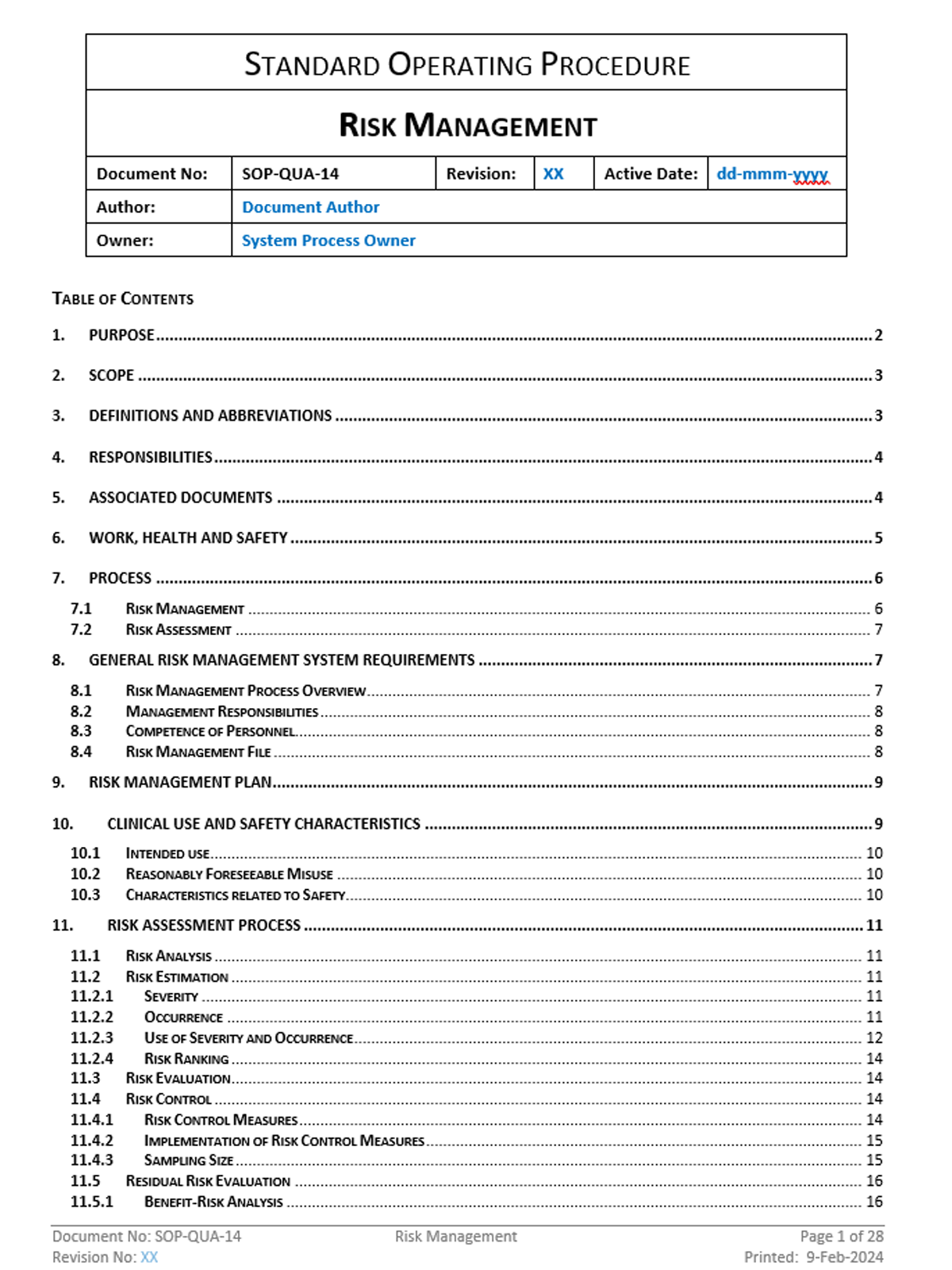 Quality - SOP - Risk Management - 0